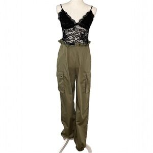 Fashion Nova Can't Forget It Cargo Jumpsuit Black Olive Lace Bodice Women Size L